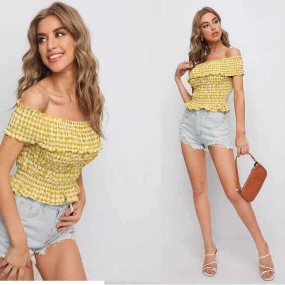 ⭐️Sale New! Off Shoulder Gingham Shirred Top in Yellow - Picture 2 of 3